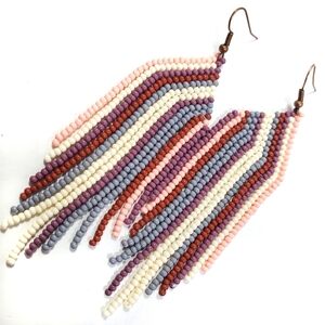 Pink & Grey Striped Seed Bead Fringe Earrings